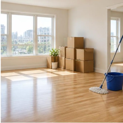 An empty sunlit apartment with moving boxes and a mop