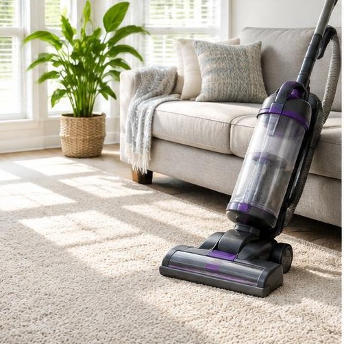 A vacuum cleaner beside a sofa in a bright living room