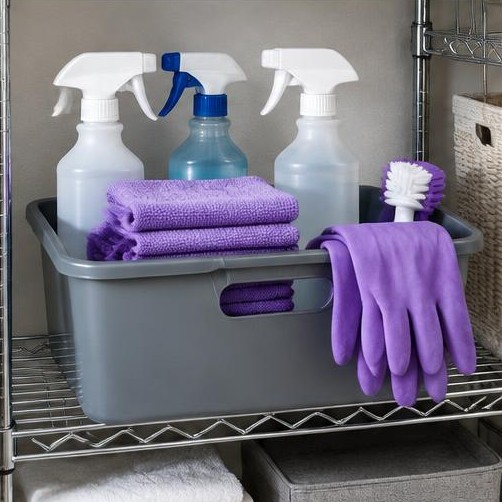 A tidy cleaning caddy with cloths, gloves, and spray bottles