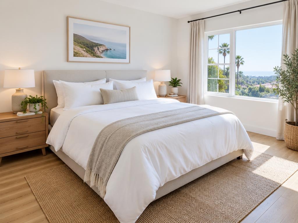 Tidy bedroom with a freshly made bed